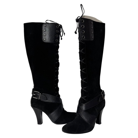 Cole Haan Shoes - Cole Haan Vtg Y2K Black Suede Faux Leather Strap Zip Tall Boot Heel Womens 6